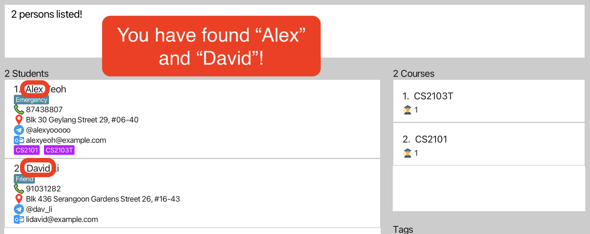 result for 'findstudent alex david'